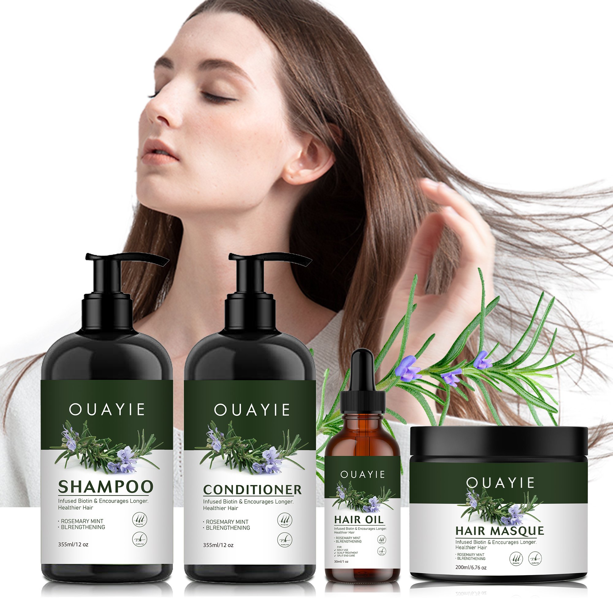 BLIW Private Label Organic Vegan Rosemary Oil Mint Strengthening Oil Control Hair Growth Shampoo Conditioner Hair Oil Masque Set