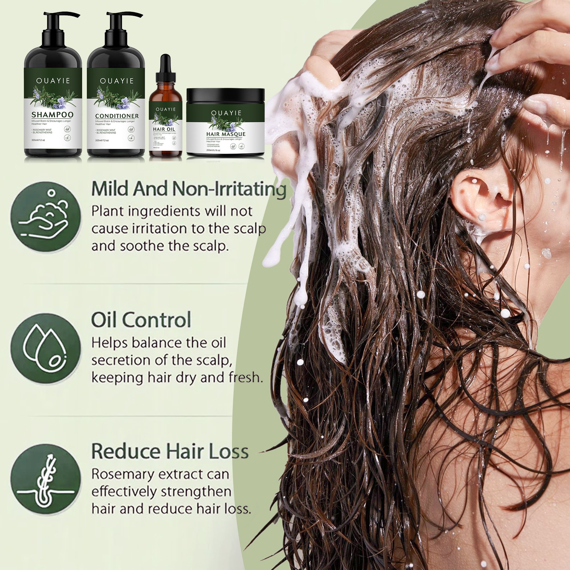 BLIW Private Label Organic Vegan Rosemary Oil Mint Strengthening Oil Control Hair Growth Shampoo Conditioner Hair Oil Masque Set
