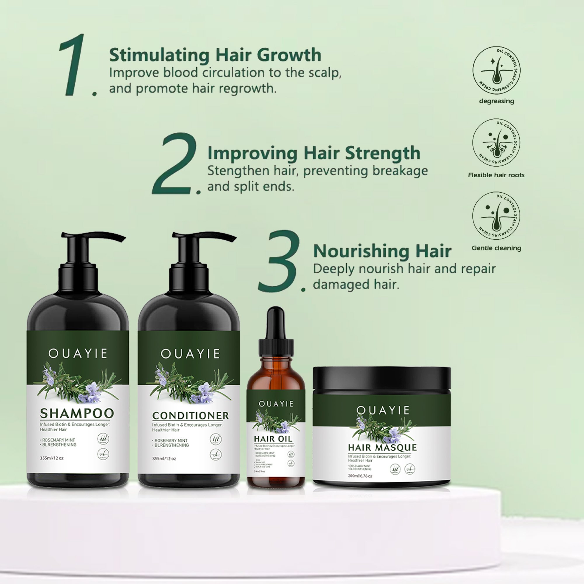 BLIW Private Label Organic Vegan Rosemary Oil Mint Strengthening Oil Control Hair Growth Shampoo Conditioner Hair Oil Masque Set