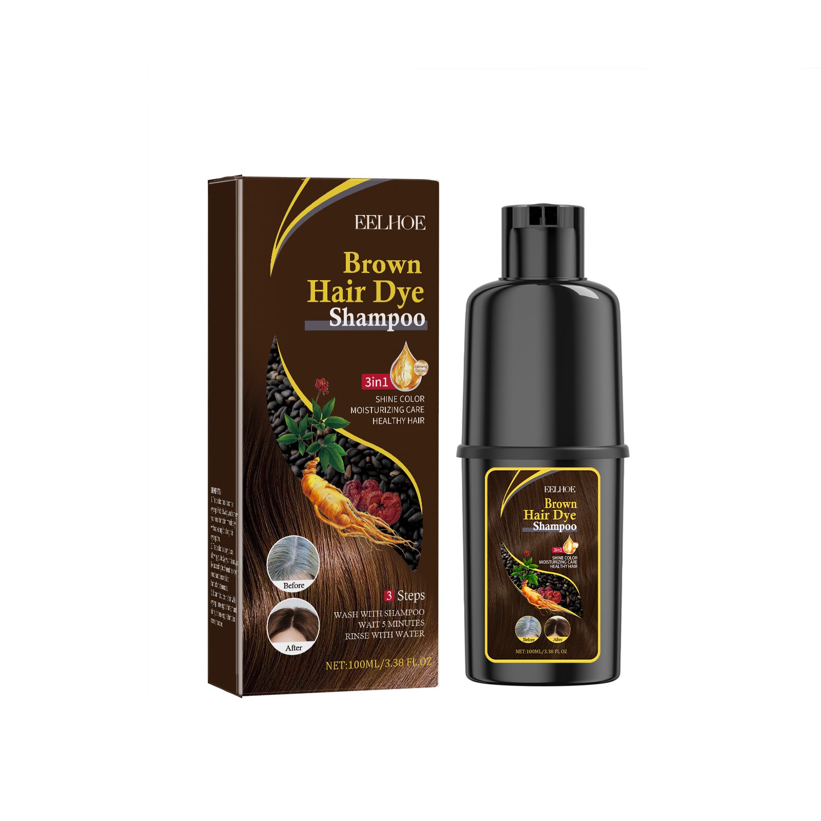 New 3 in 1 Colorful Ginger Polygonum Multiflorum Ginseng Black Dark Brown Hair Dye Color Shampoo For Women Men