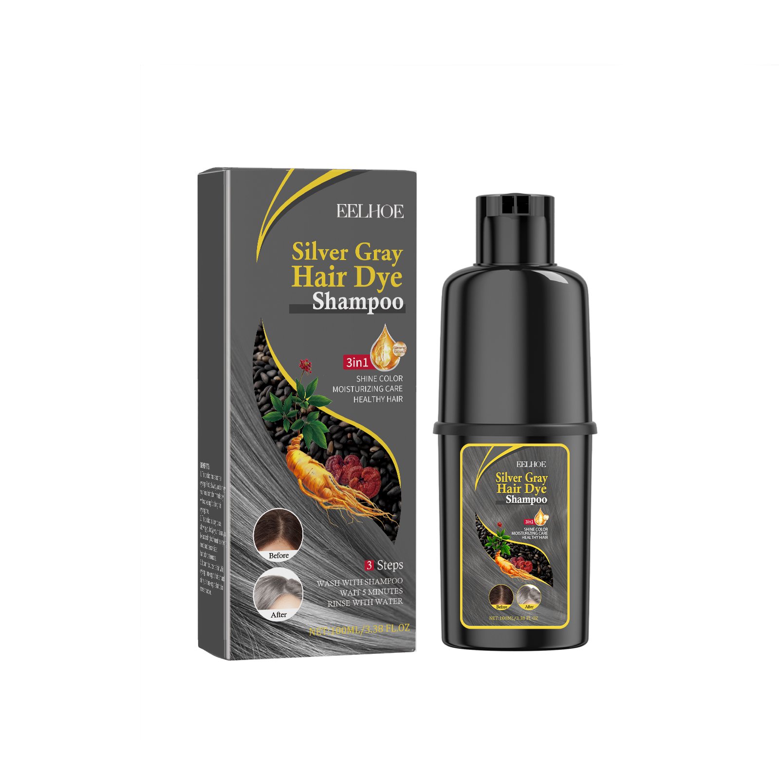 New 3 in 1 Colorful Ginger Polygonum Multiflorum Ginseng Black Dark Brown Hair Dye Color Shampoo For Women Men