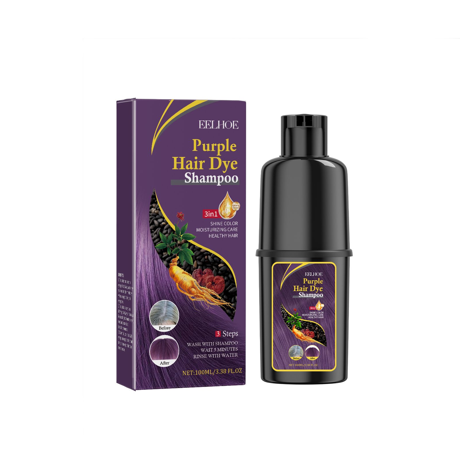 New 3 in 1 Colorful Ginger Polygonum Multiflorum Ginseng Black Dark Brown Hair Dye Color Shampoo For Women Men