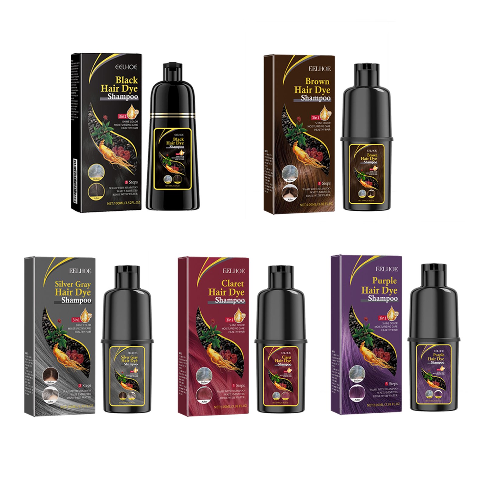 New 3 in 1 Colorful Ginger Polygonum Multiflorum Ginseng Black Dark Brown Hair Dye Color Shampoo For Women Men