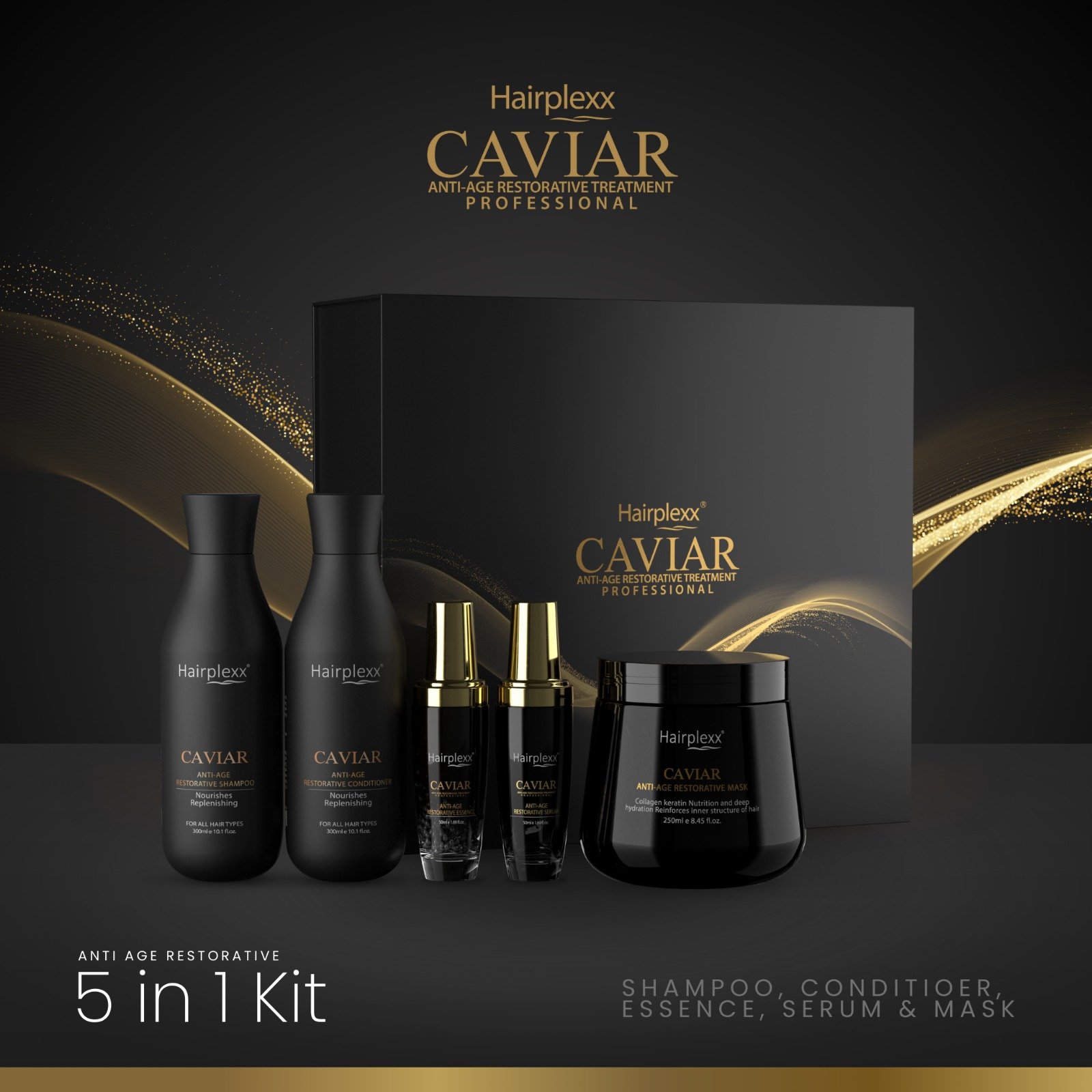 Hot sale Hair Care dry damaged frizzy thin or color treated Hair Caviar Shampoo, Conditioner, Mask & Serum Kit 5 IN1