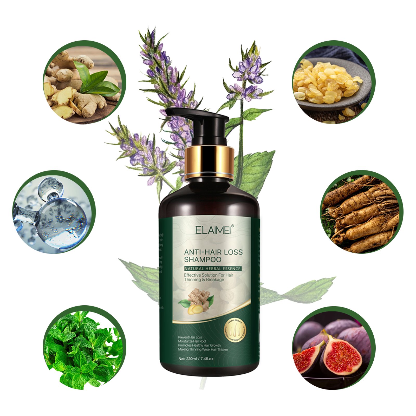 ELAIMEI private label cleansing scalp nourishing moisturize hair root 220ml hair grower ginger anti hair loss shampoo