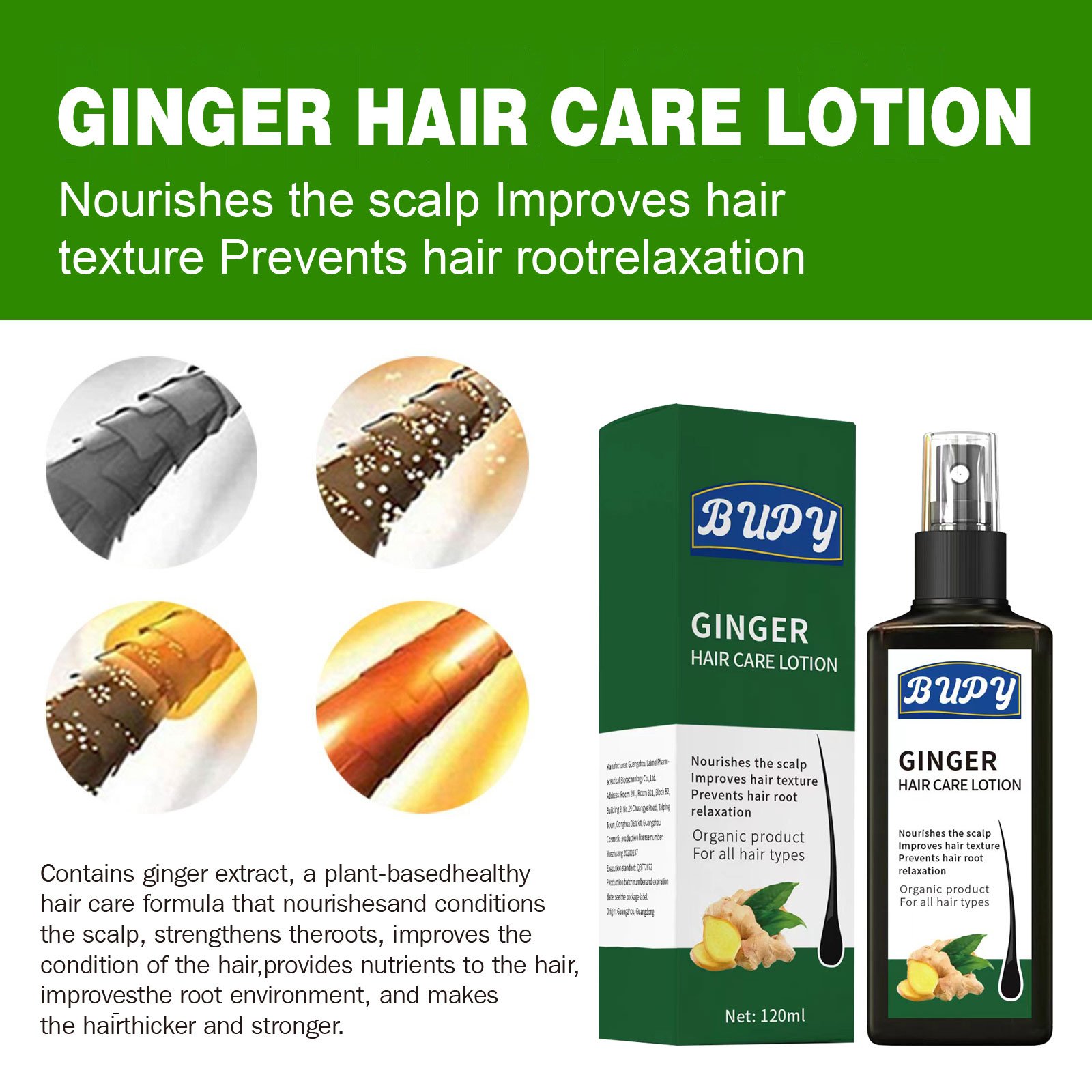 Ginger Haircare Lotion Organic Products Types Anti-hair Loss Stimulate Hair Regrowth Improves Hair Texture