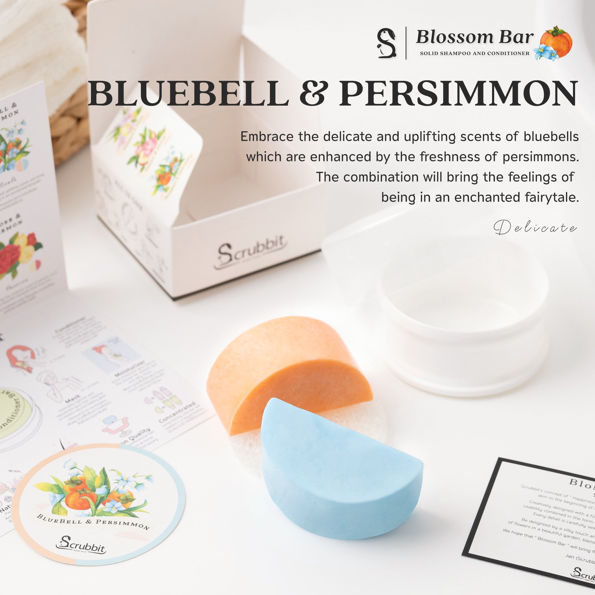 BlueBell & Persimmon Scented Vegan Hair Care Creatively Designed Eco-Friendly Solid Shampoo & Conditioner Bar Direct Thailand