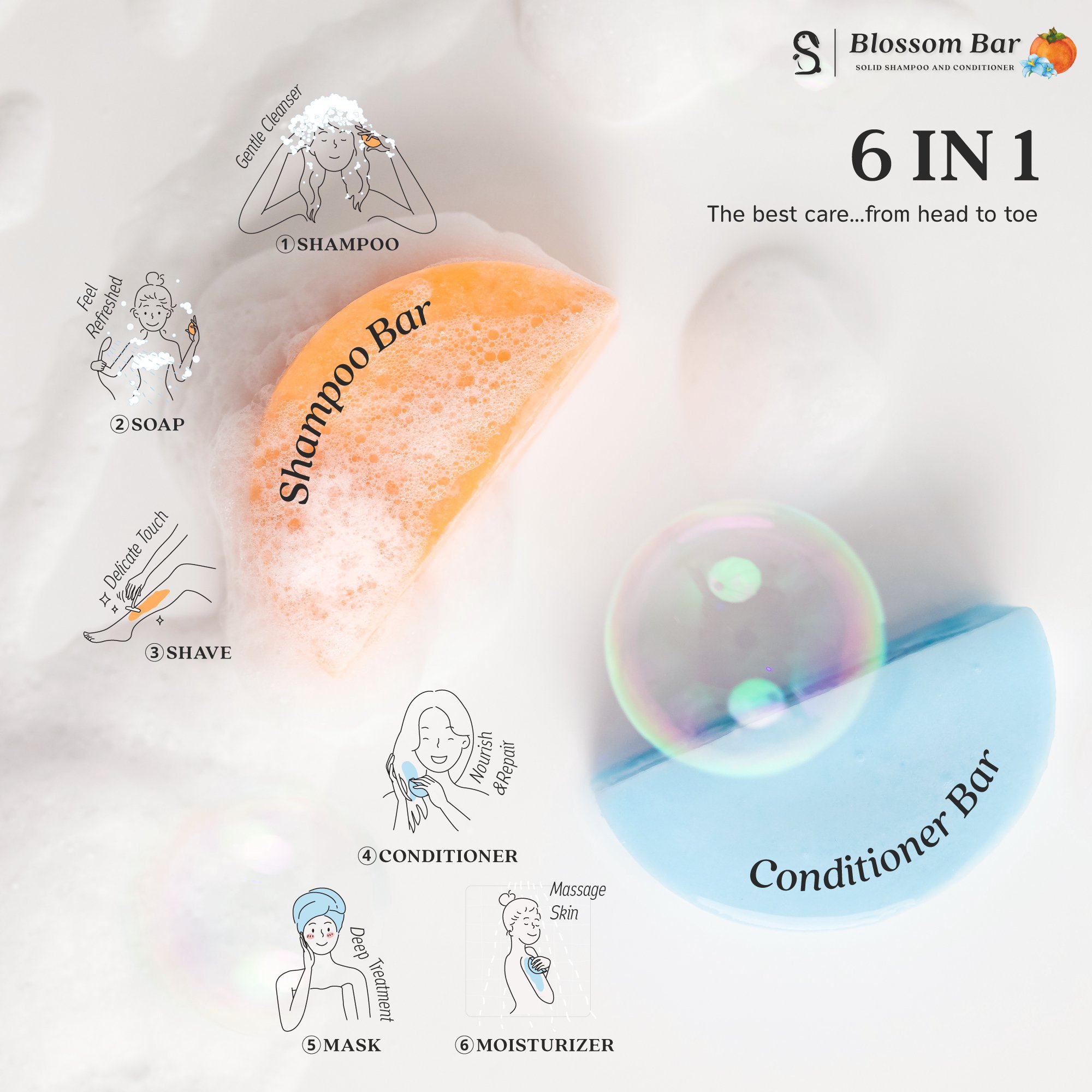 BlueBell & Persimmon Scented Vegan Hair Care Creatively Designed Eco-Friendly Solid Shampoo & Conditioner Bar Direct Thailand