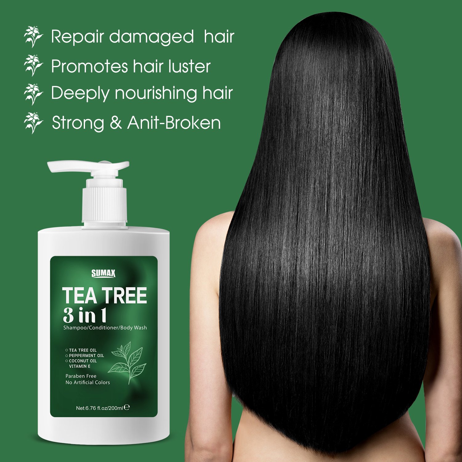 Sumax Tea tree three in one hair care product, super natural and healthy hair dye shampoo, conditioner, shower gel
