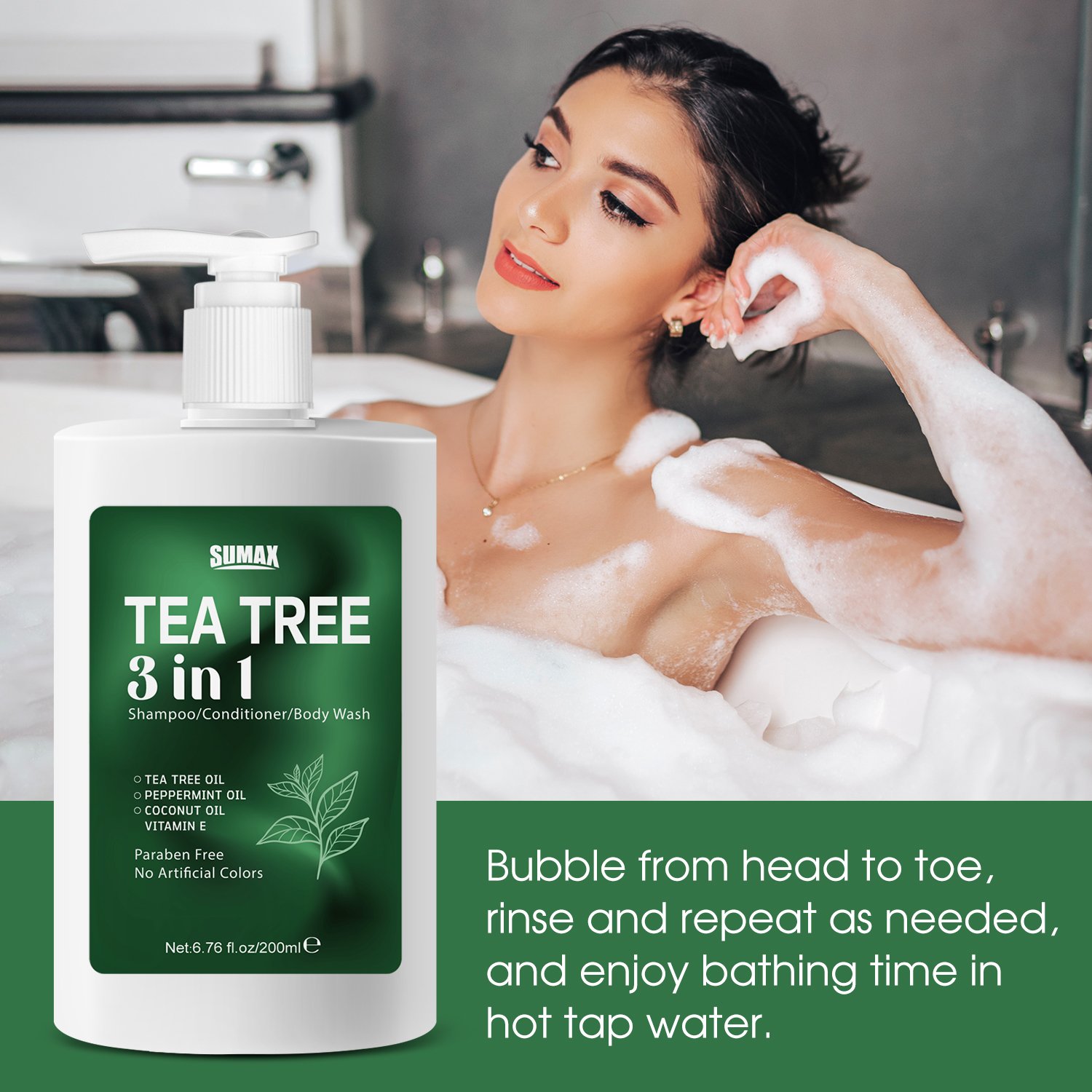 Sumax Tea tree three in one hair care product, super natural and healthy hair dye shampoo, conditioner, shower gel