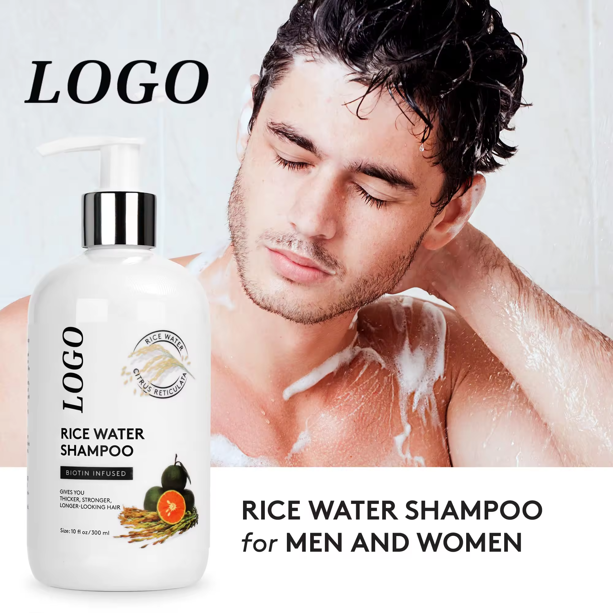 Private Label Natural Moisturizing Anti Hair Loss Hair Growth Hair Care Biotin Infused Rice Water Shampoo For Men and Women