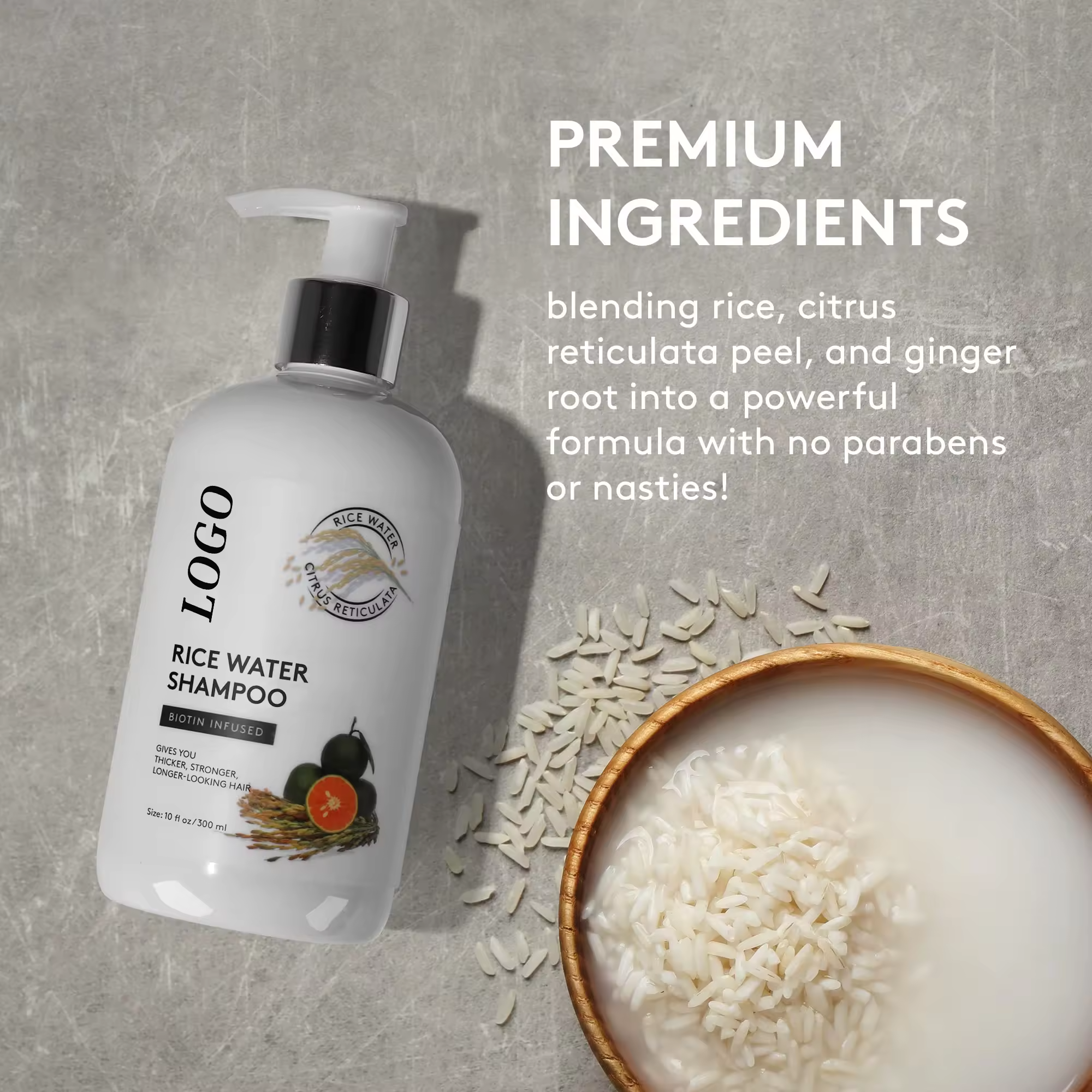 Private Label Natural Moisturizing Anti Hair Loss Hair Growth Hair Care Biotin Infused Rice Water Shampoo For Men and Women