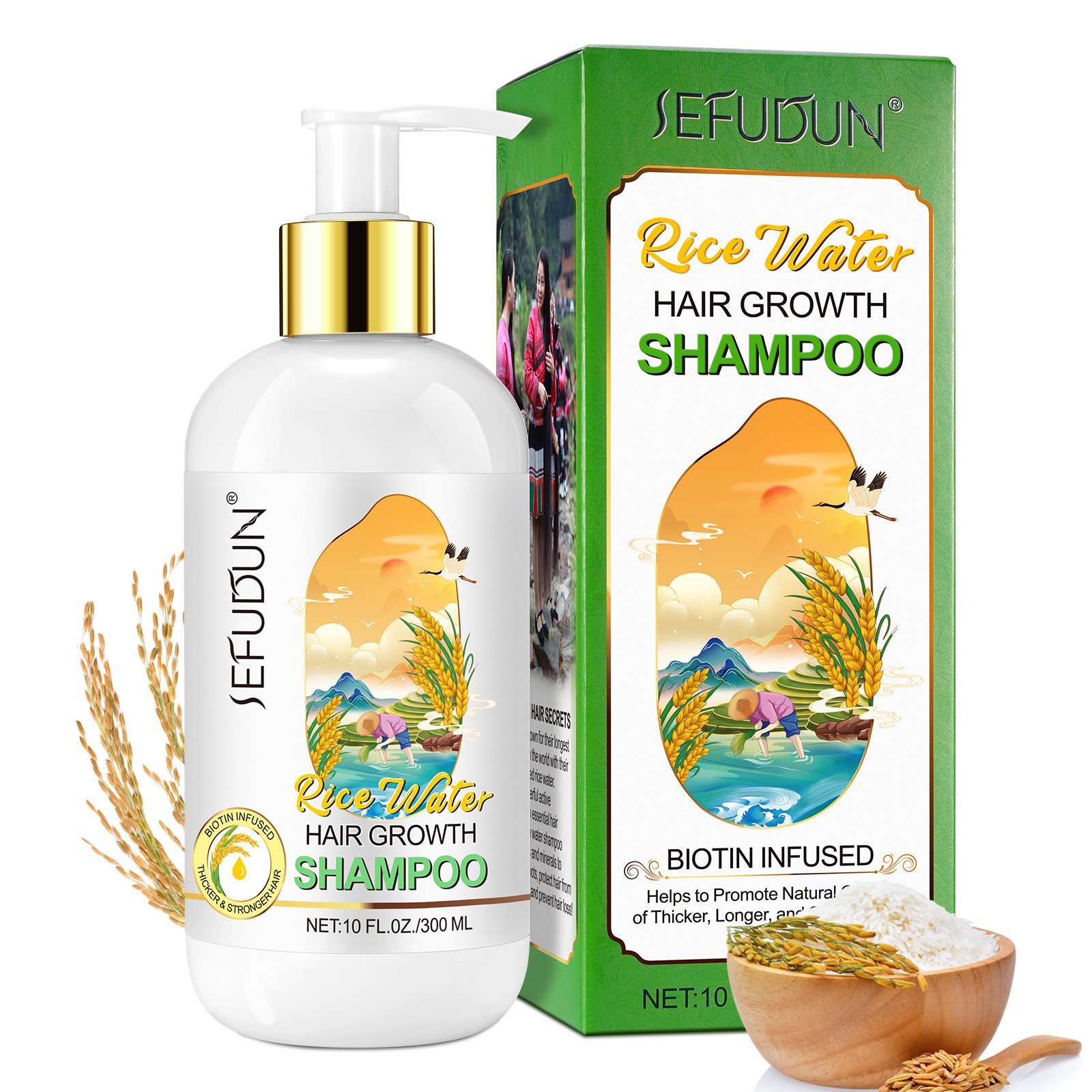 SEFUDUN private label deeply nourishing moisturizing natural organic anti hair loss biotin rice water hair growth shampoo