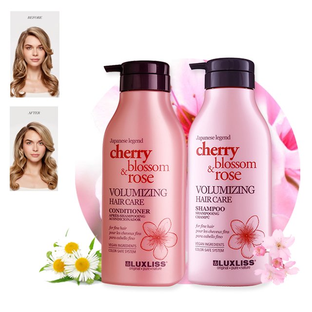 Luxliss High Quality Natural Ingredient Cherry Blossom Rose Oil Volumizing Shampoo and Conditioner Set for Fine Hair