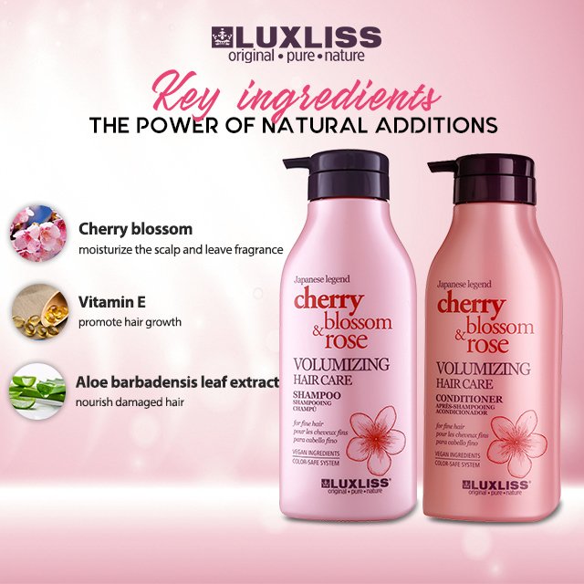 Luxliss High Quality Natural Ingredient Cherry Blossom Rose Oil Volumizing Shampoo and Conditioner Set for Fine Hair