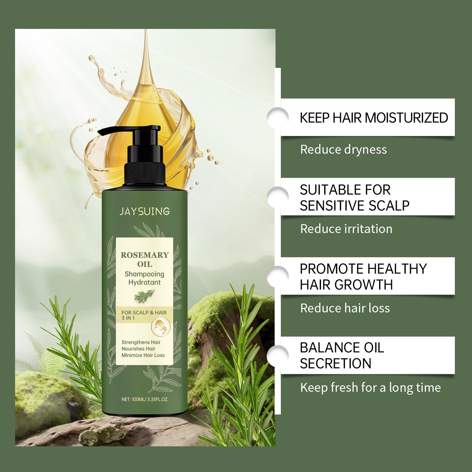 JAYSUING Deep Cleansing 3 In 1 Strengthening Hair Nourishing Anti Hair Loss Natural Rosemary Shampoo 100ml