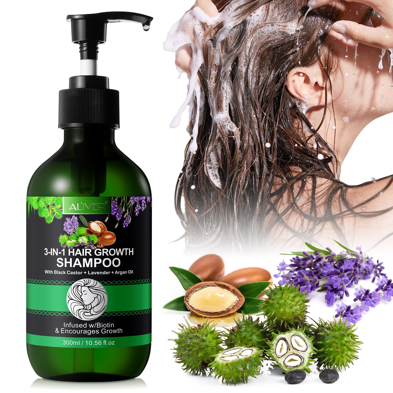ALIVER private label activates hair follicles 300ml biotin jamaican black castor lavender argan oil shampoo for hair growth