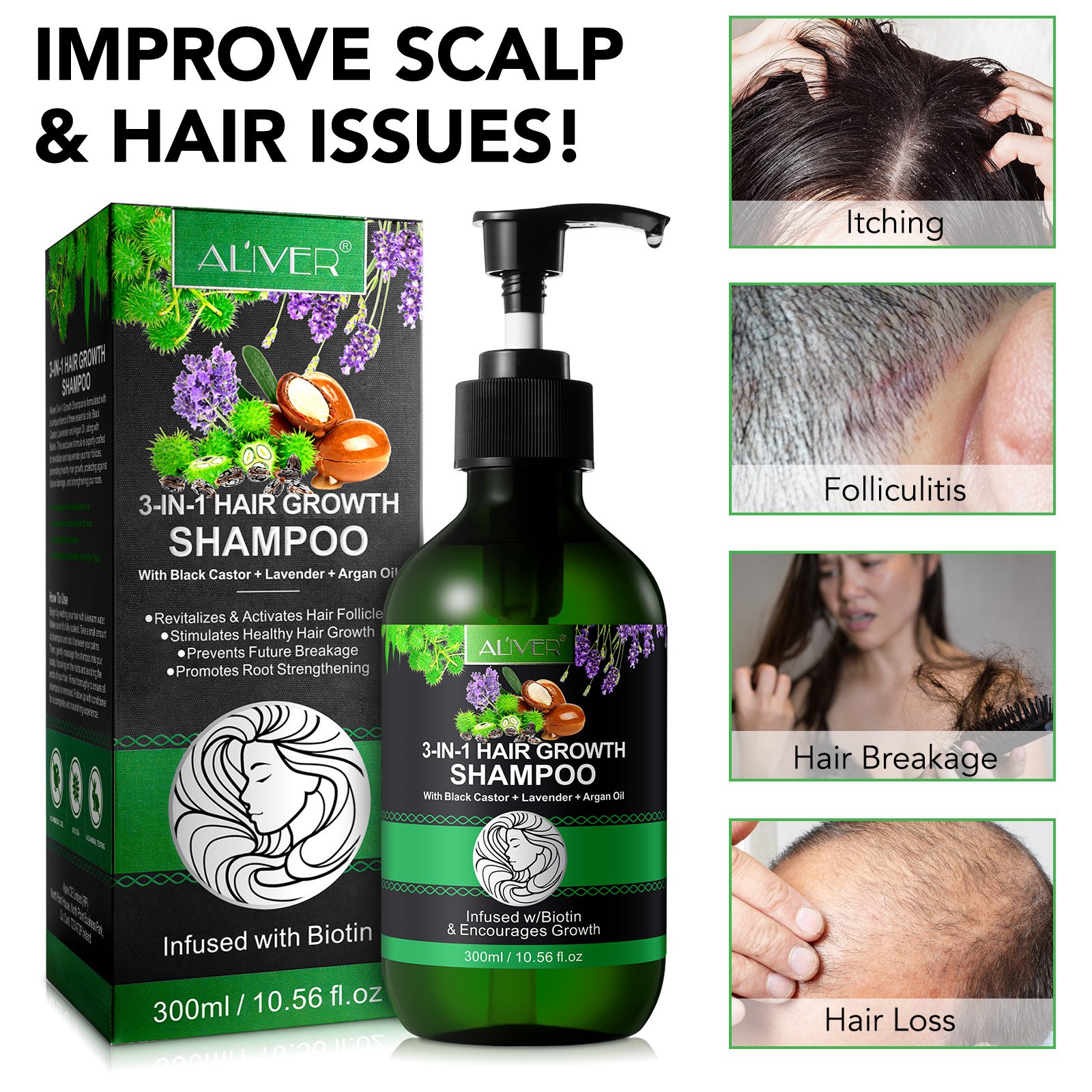 ALIVER private label activates hair follicles 300ml biotin jamaican black castor lavender argan oil shampoo for hair growth