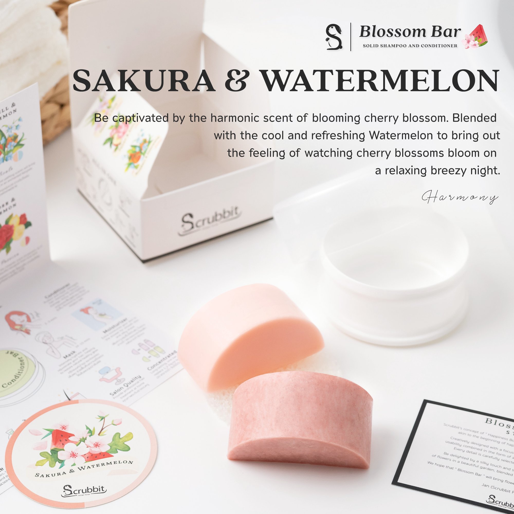 Vegan Eco-friendly Hair Care Set Sakura Watermelon Scent Shampoo Conditioner Bar Amino Acid Infused Moisturizing Smoothing Oil