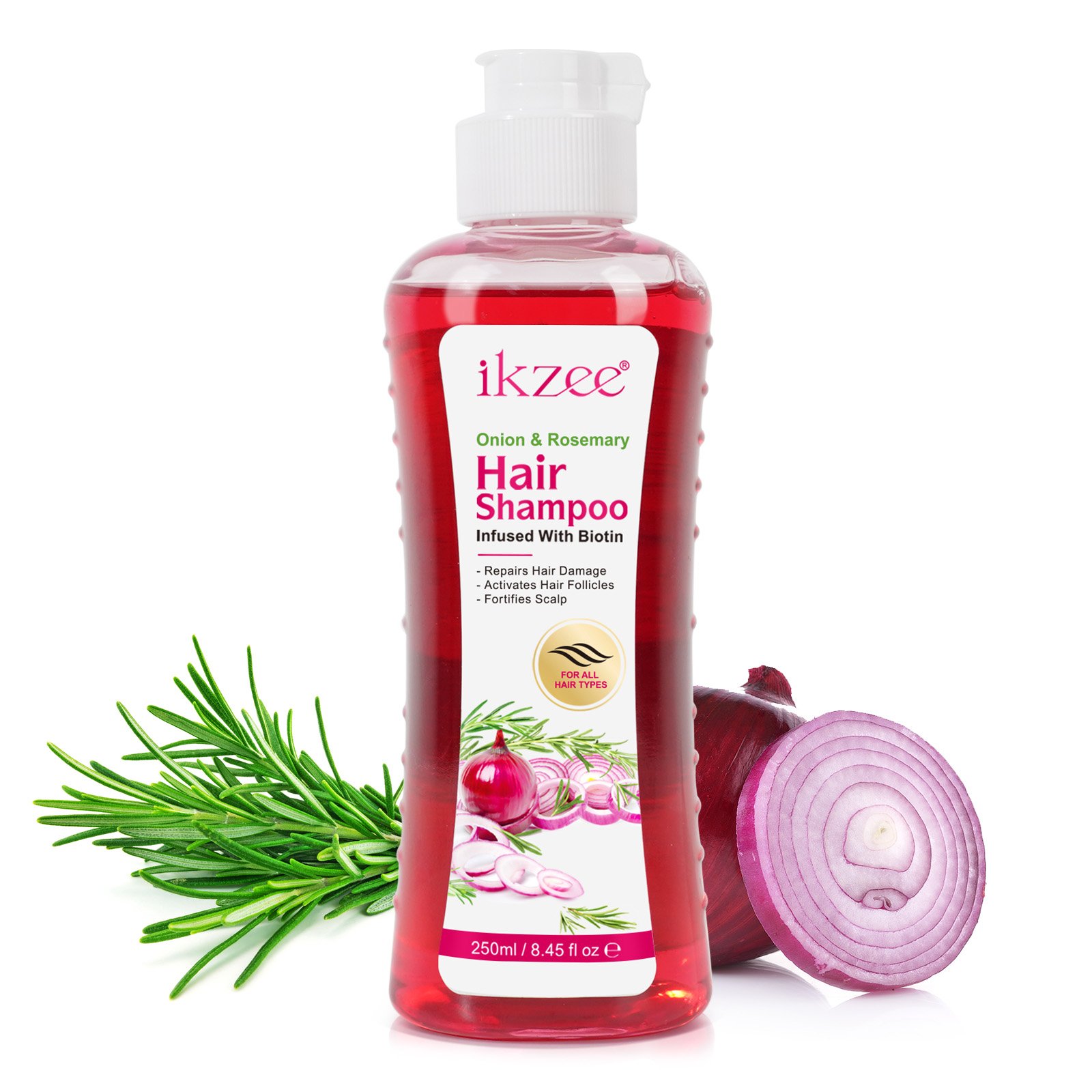 IKZEE private label 250ml activates hair follicles repairs hair damage hair growth purple onion biotin rosemary shampoo