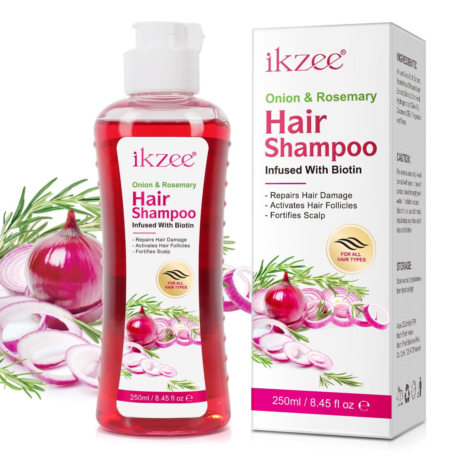 IKZEE private label 250ml activates hair follicles repairs hair damage hair growth purple onion biotin rosemary shampoo