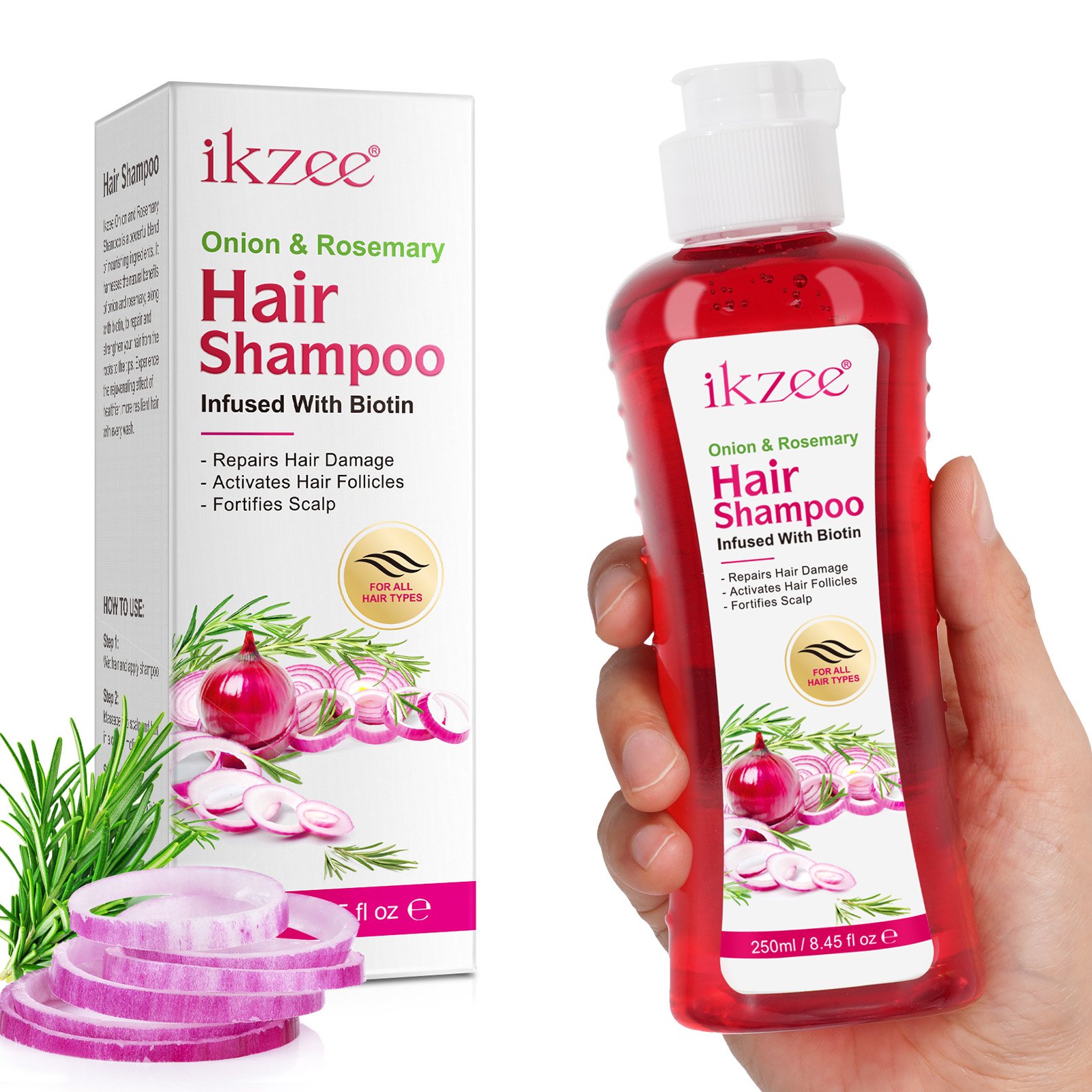 IKZEE private label 250ml activates hair follicles repairs hair damage hair growth purple onion biotin rosemary shampoo