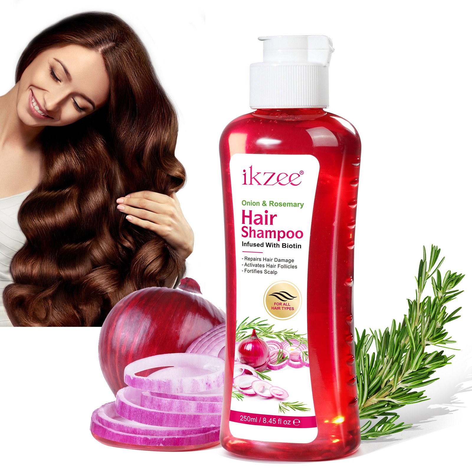 IKZEE private label 250ml activates hair follicles repairs hair damage hair growth purple onion biotin rosemary shampoo
