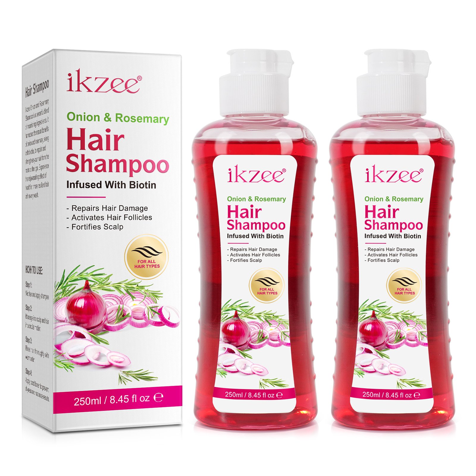 IKZEE private label 250ml activates hair follicles repairs hair damage hair growth purple onion biotin rosemary shampoo