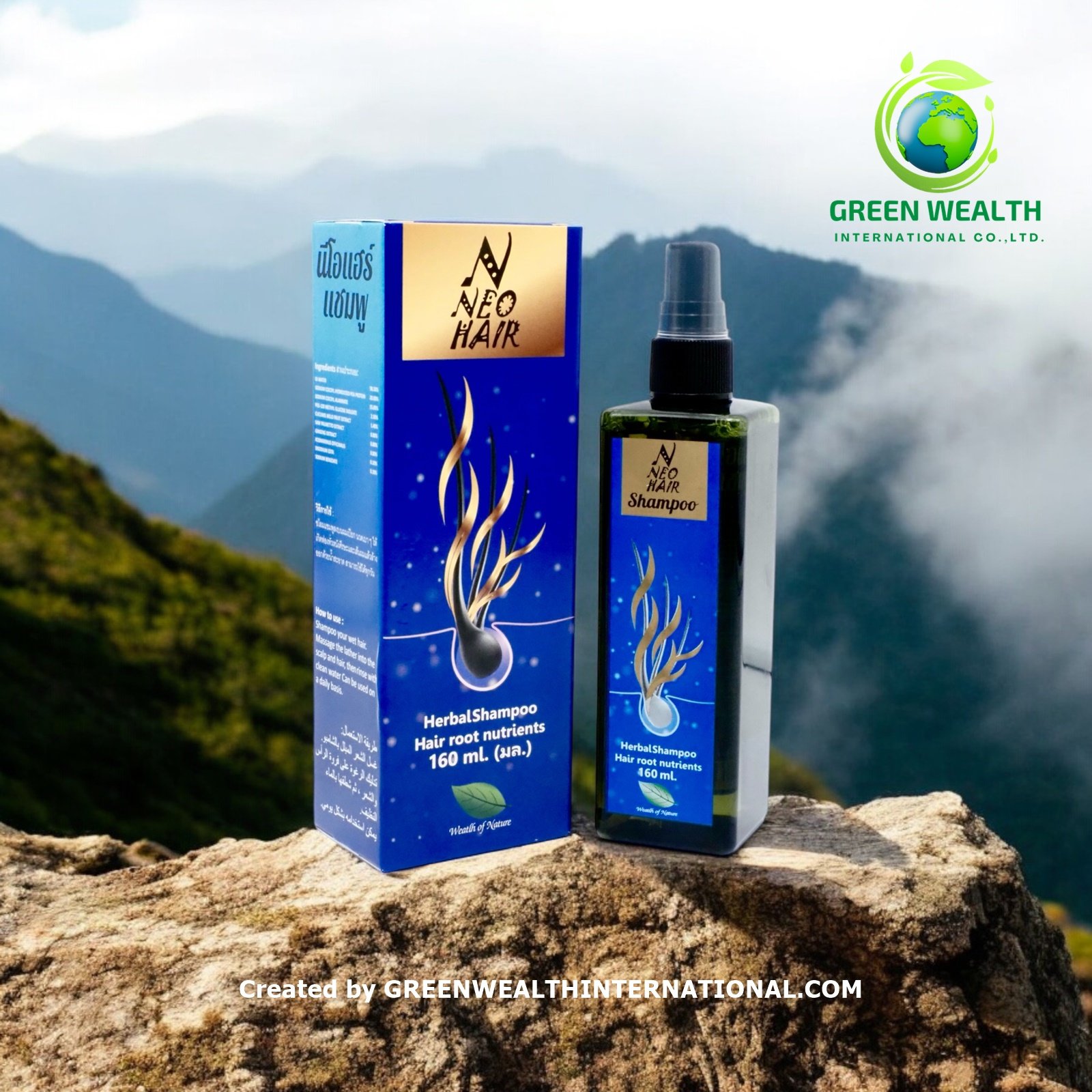 Neo Hair Shampoo, premium grade beauty care, hair care. For daily life, 100% authentic, made in Thailand by Green Wealth.
