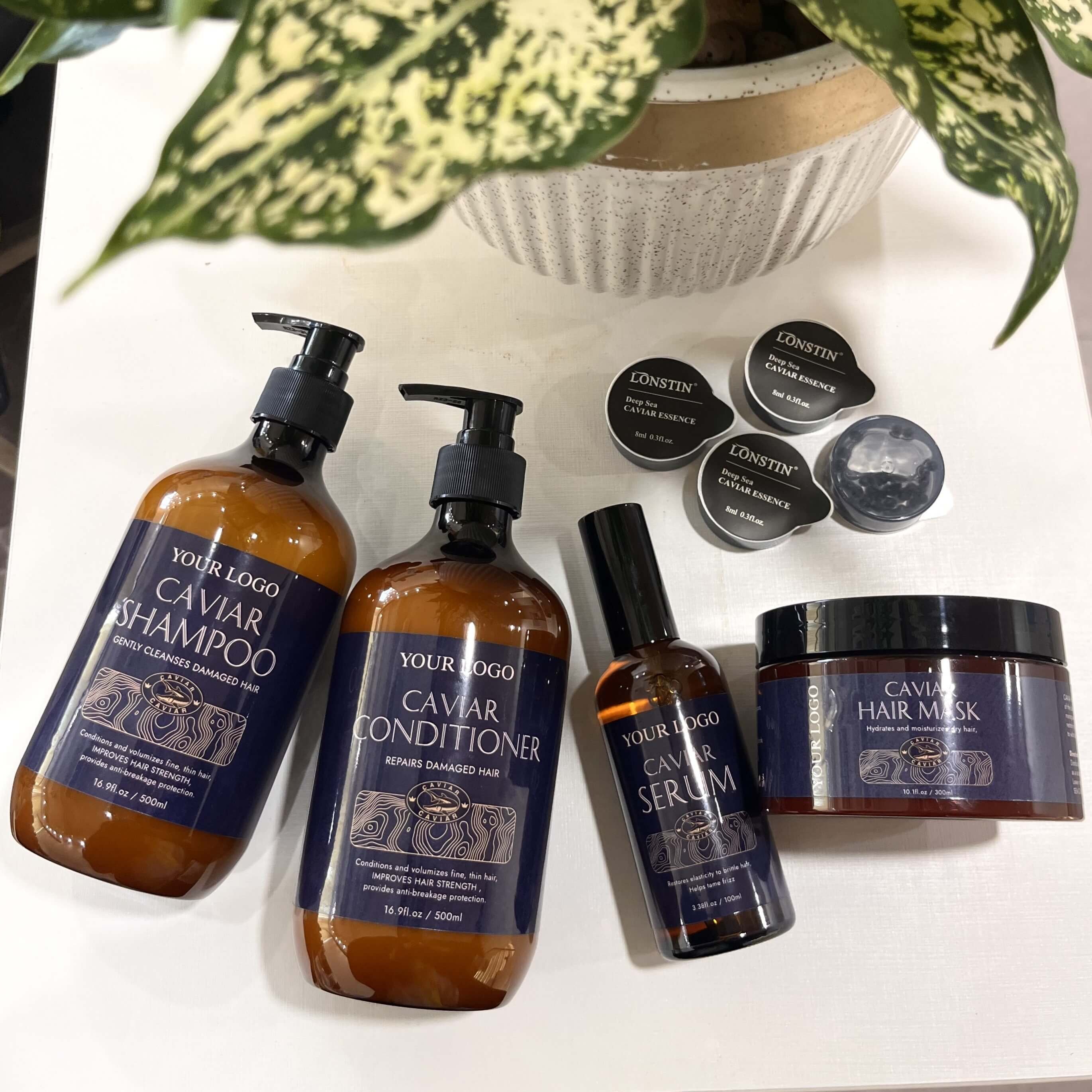 Custom Luxury Hair Care Set Vegan Organic Protein Caviar Hair Mask Hair Serum Shampoo and Conditioner Private Label