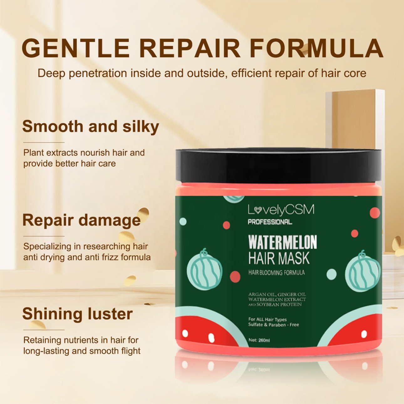 Wholesale Smoothing Anti-Frizz Watermelon Extract Shea Butter Natural Fruit Anti Iching Dandruff Spa Repair Nourishing Hair Mask
