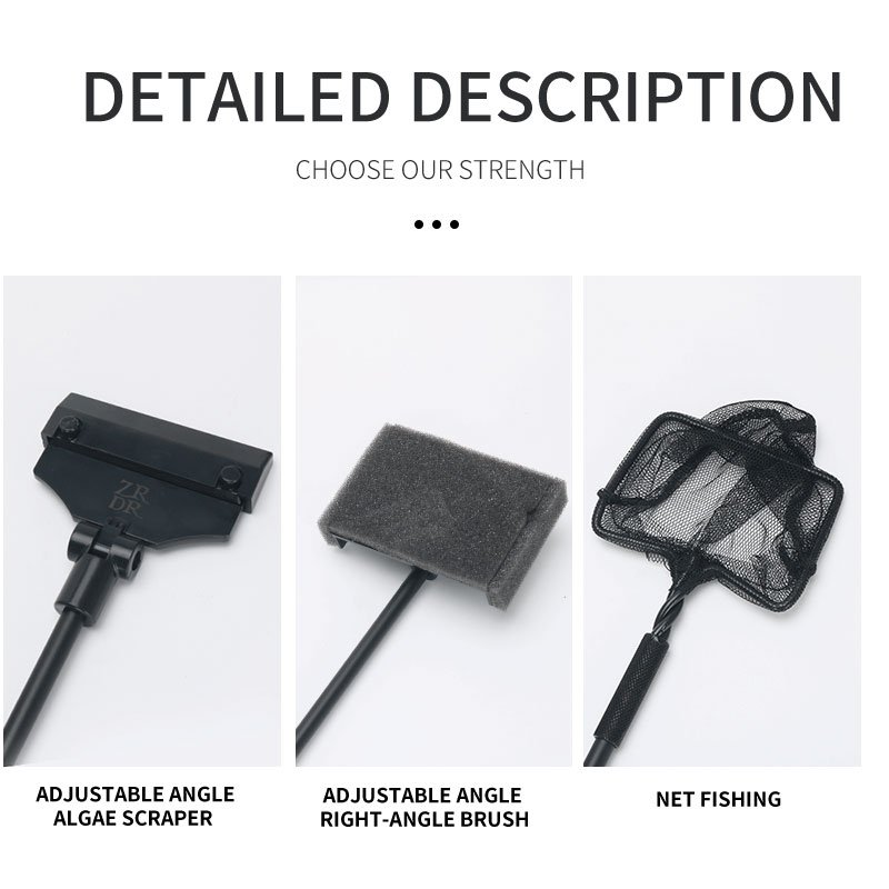 ZRDR Carbon Fiber 3 in 1 Aquarium Cleaning Tool Kit Algae Scraper Scrubber Pad Sponge Telescopic Handle Fish Tank Brush