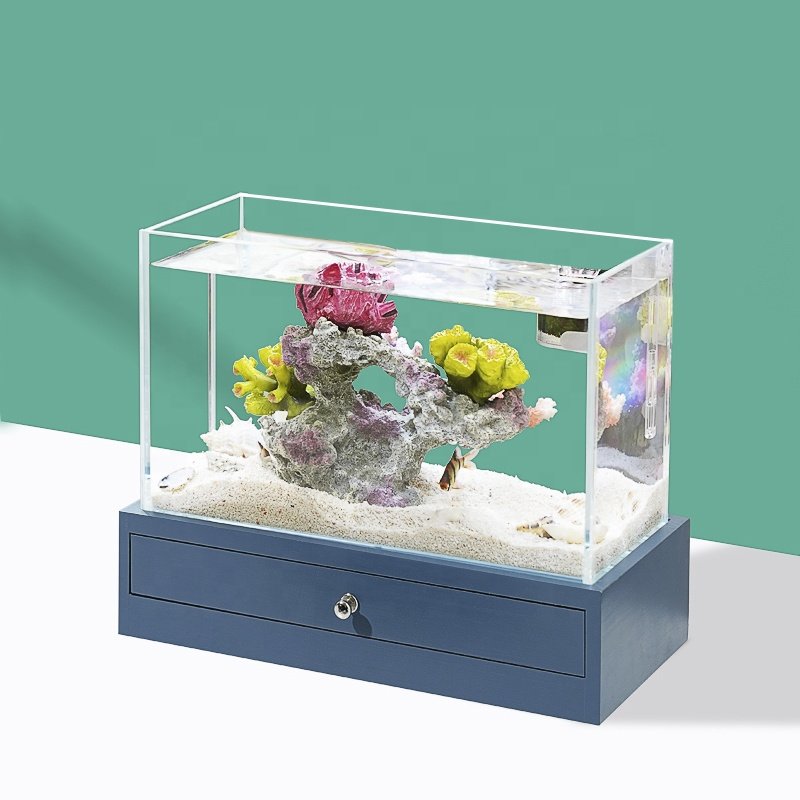 New Design mini aquarium Ultra high definition glass 5L volume betta plants wooden base transparent small fish tank