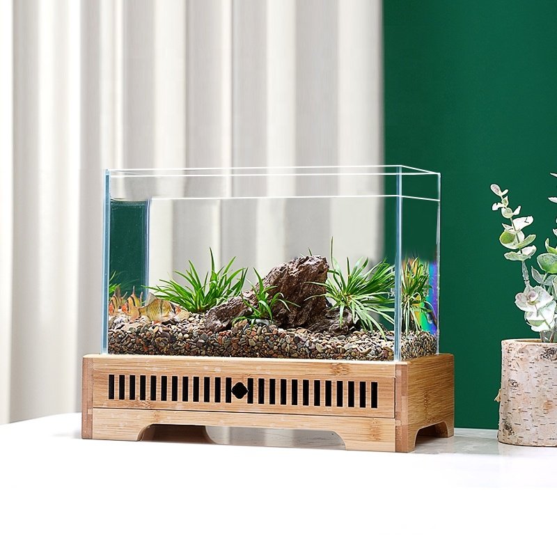 New Design mini aquarium Ultra high definition glass 5L volume betta plants wooden base transparent small fish tank