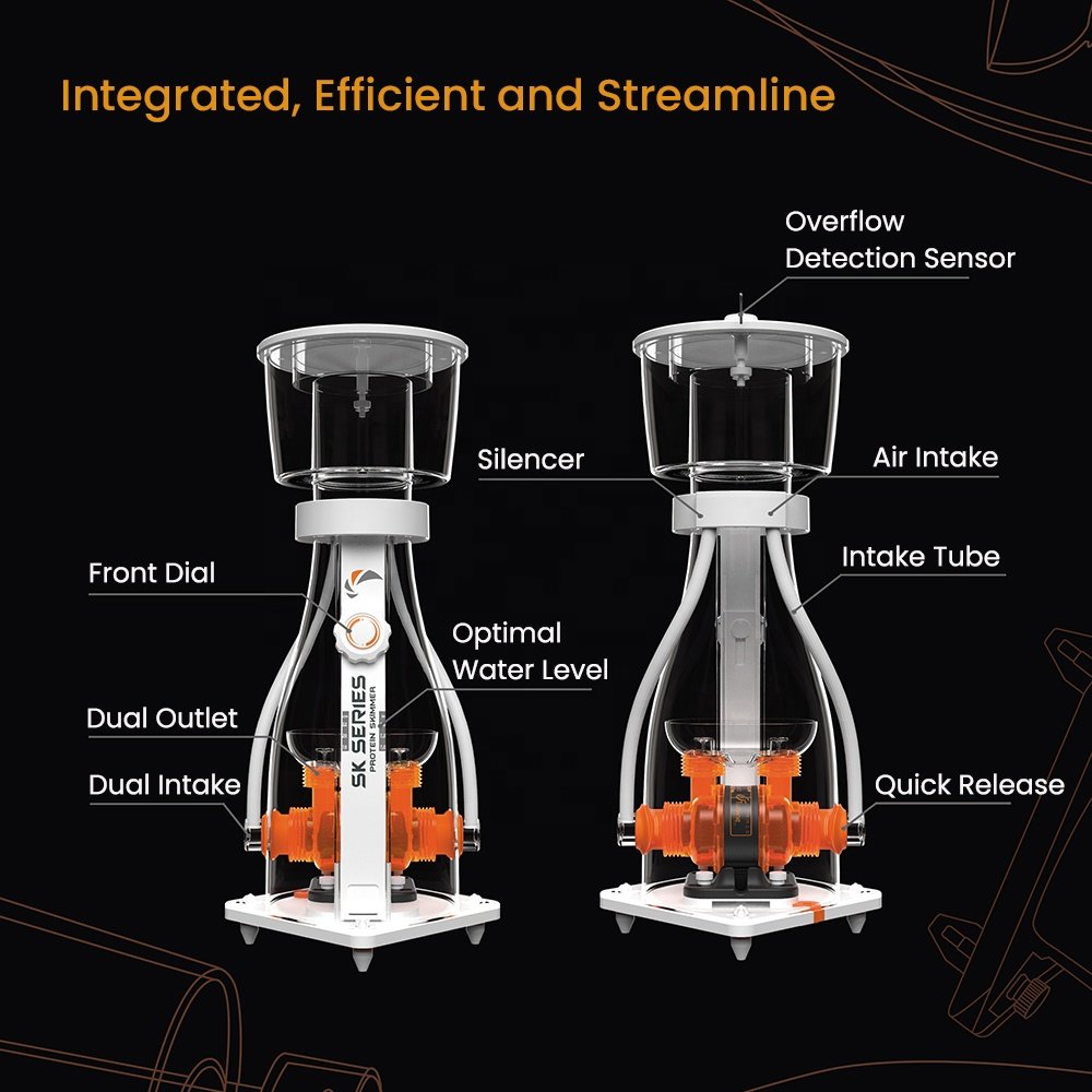 MJ-SK Series Dual Intake DC Powered Precision Silent Saltwater Aquarium Protein Skimmer for Marine Coral Reef Fish Tank