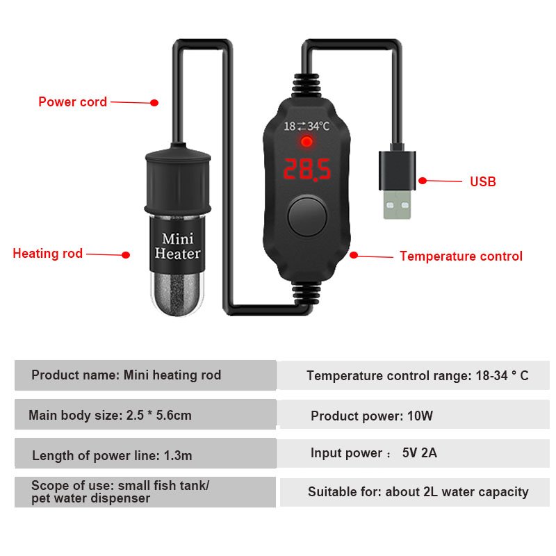 10W mini fish tank aquarium glass heater usb