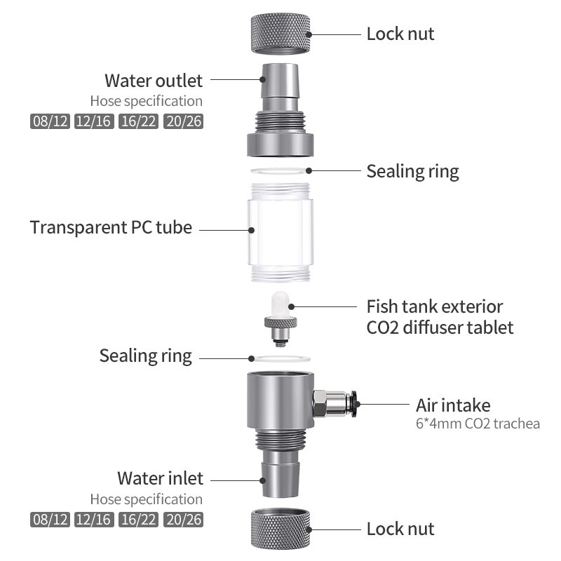 Aquarium CO2 Diffuser to prevent gas backflow Aluminium alloy acrylic atomizer check valve 20mm Hose filter bucket equipment