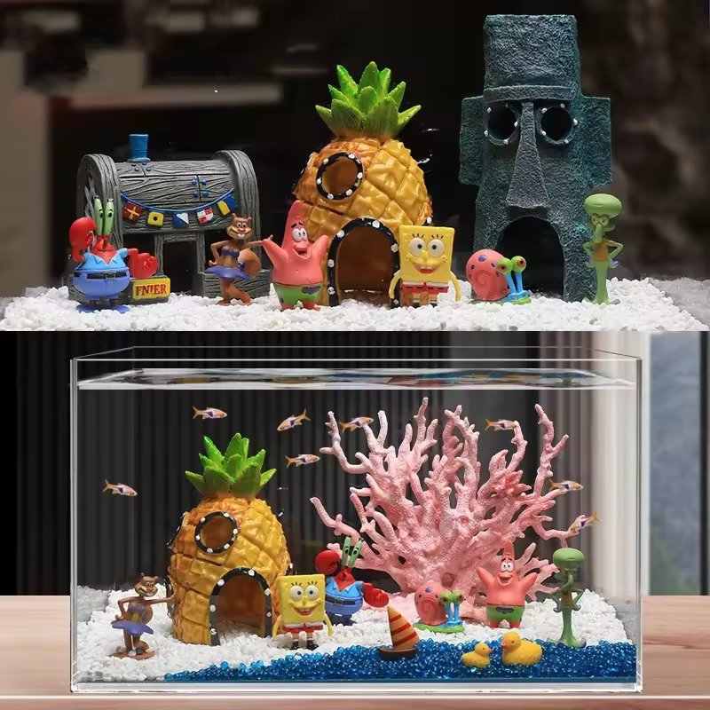 Spongebob Squarepants Plastic Aquarium Ornament Squidward Pineapple House Fish Tank Combination Decoration