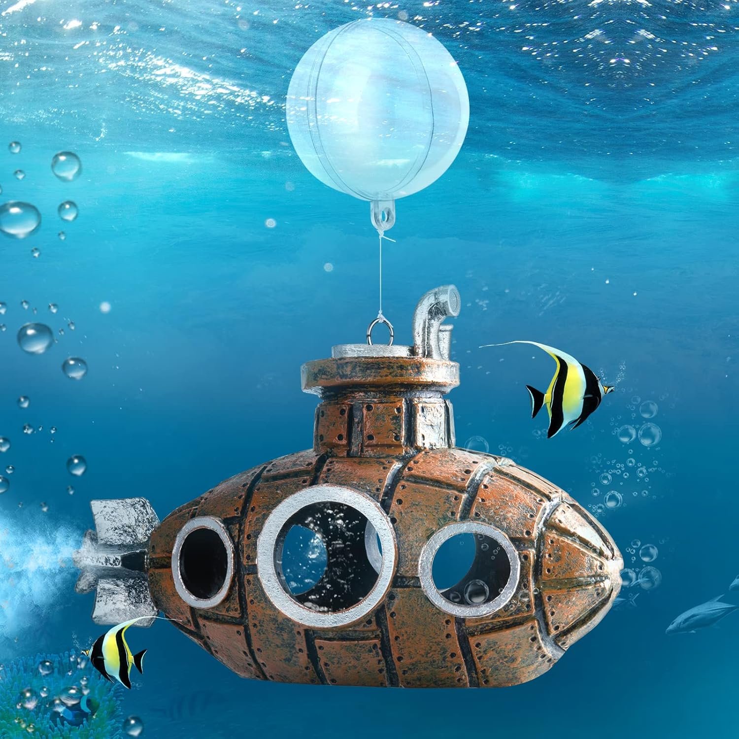 Floating Fish Tank Decoration, Little Cute Retro Submarine Aquarium Decoration with Two Float Balls