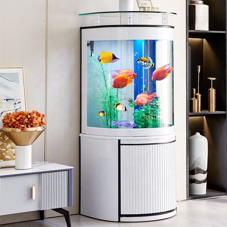 Customized half-rounded Acrylic aquarium fish tank Glass Bullet front fish tank aquarium with top bar and bottom cabinet