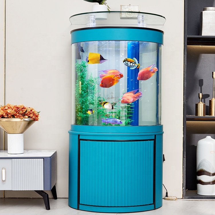 Customized half-rounded Acrylic aquarium fish tank Glass Bullet front fish tank aquarium with top bar and bottom cabinet