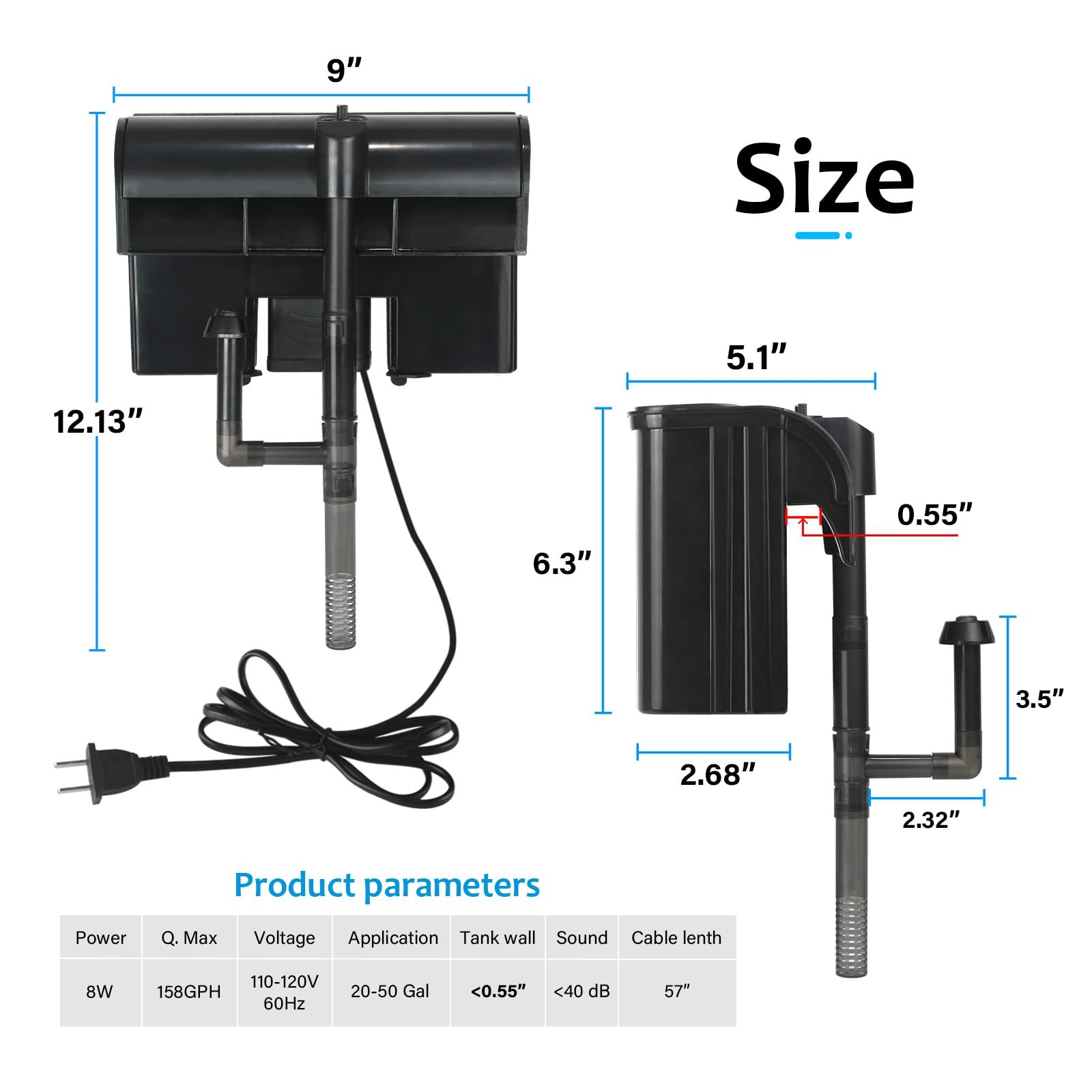 Aquarium power filter 158GPH dual waterfall suspension oxygen suspension filter for 20-45 gallons