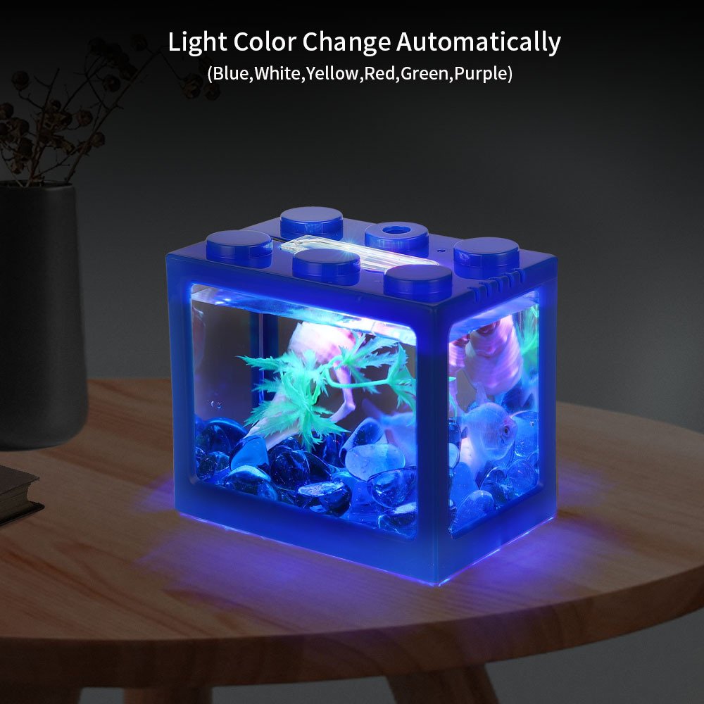Mini Pet Tank with LED Light Decoration Building Block Gifts PVC Aquarium Betta Fish Tank Ornamental Betta Pet Box Accessories