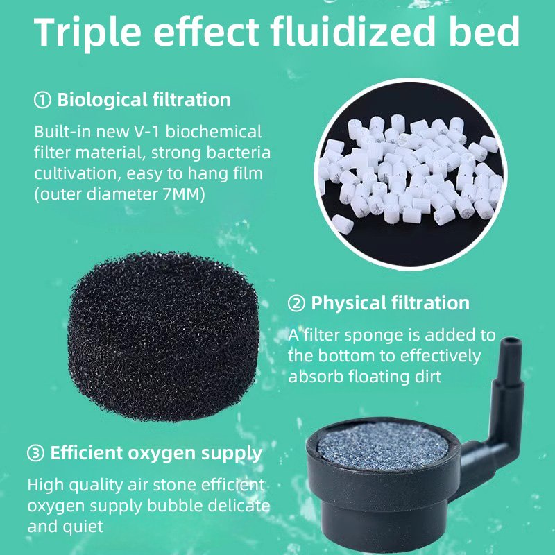 QANVEE aquarium liquefied moving bed filter with air stone and sponge filter for aquarium fish tank
