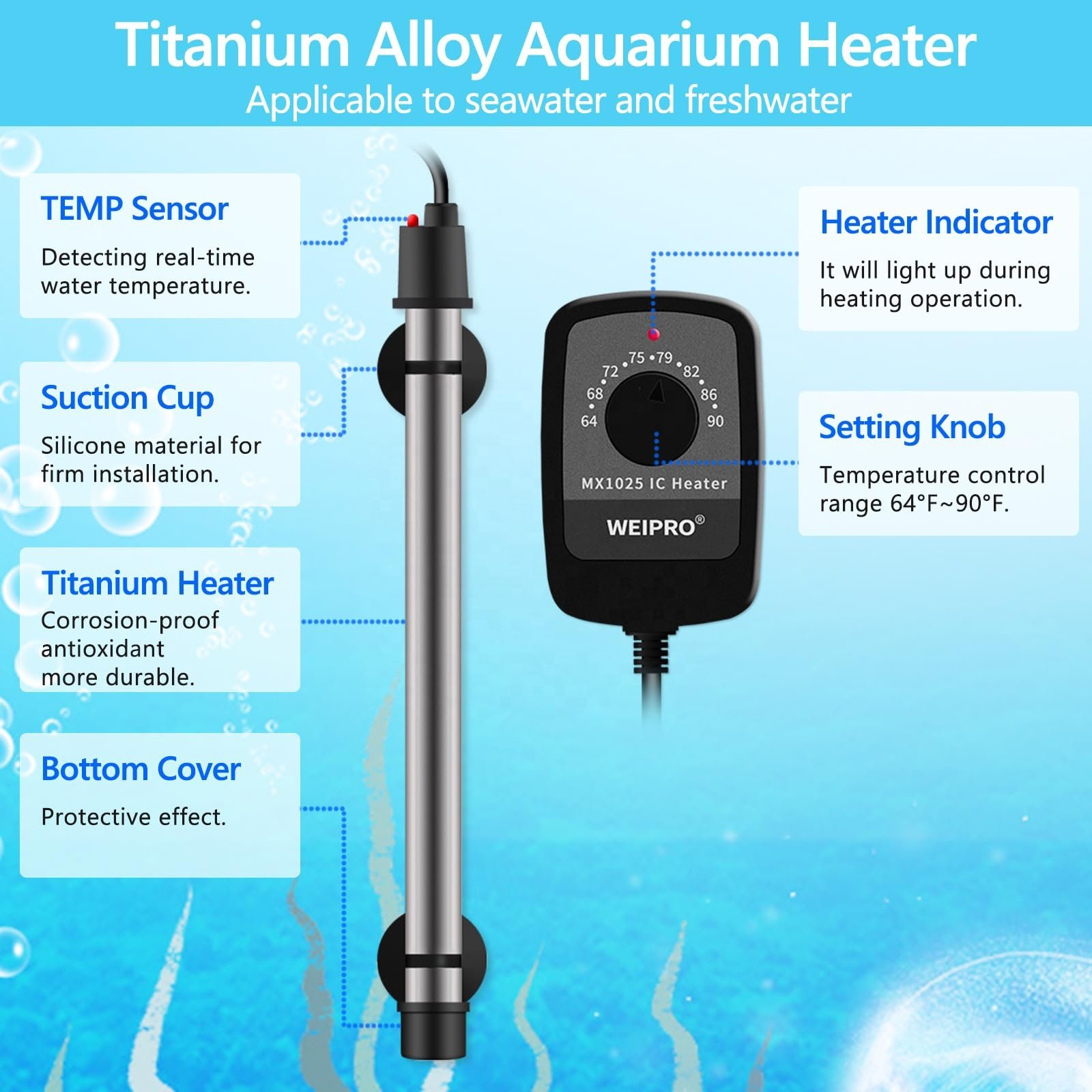 WEIPRO Metal Stainless Steel Titanium Aquarium Heater 50W-500W Fish Tank Submersible Adjustable Water Temperature Knob 110V 220V