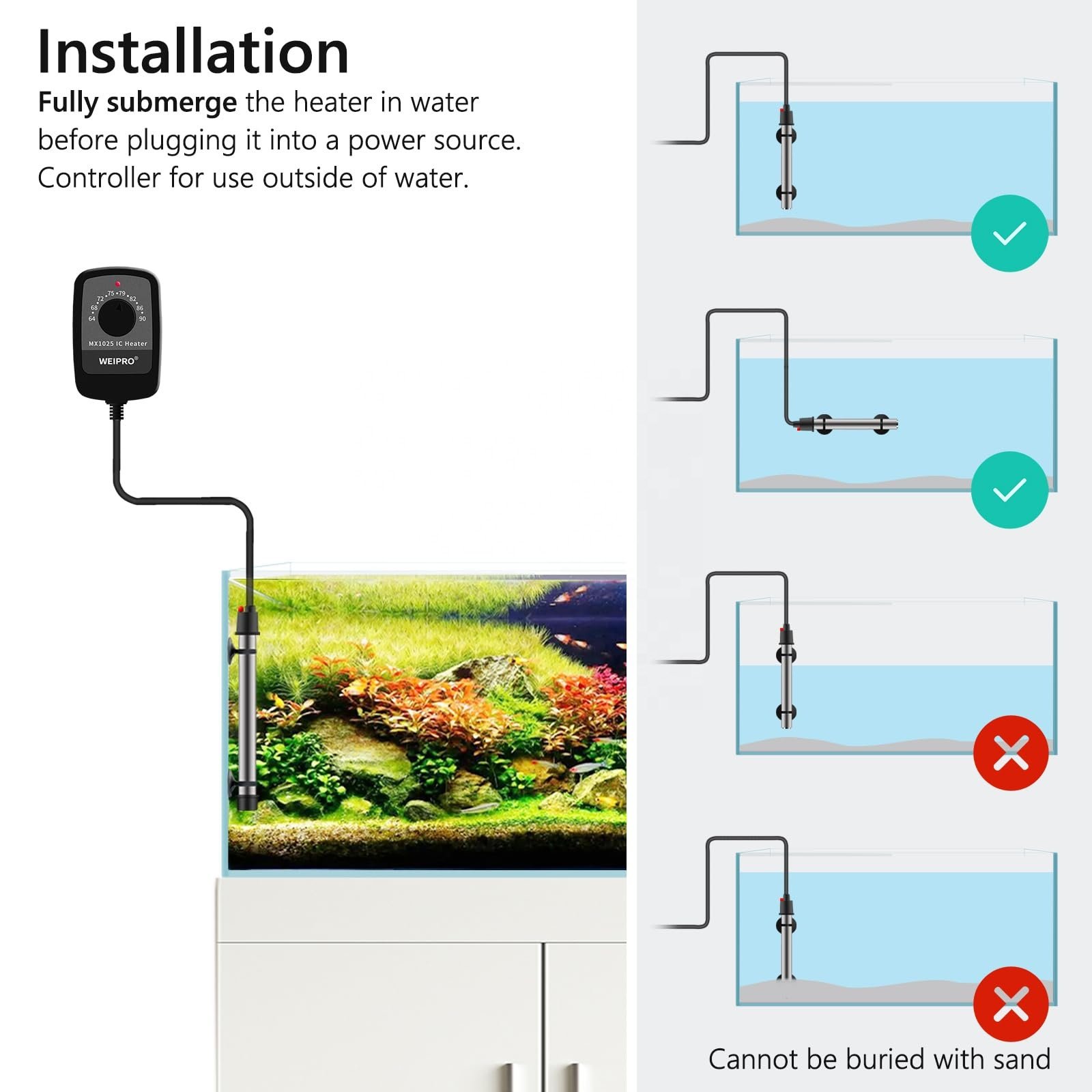 WEIPRO Metal Stainless Steel Titanium Aquarium Heater 50W-500W Fish Tank Submersible Adjustable Water Temperature Knob 110V 220V
