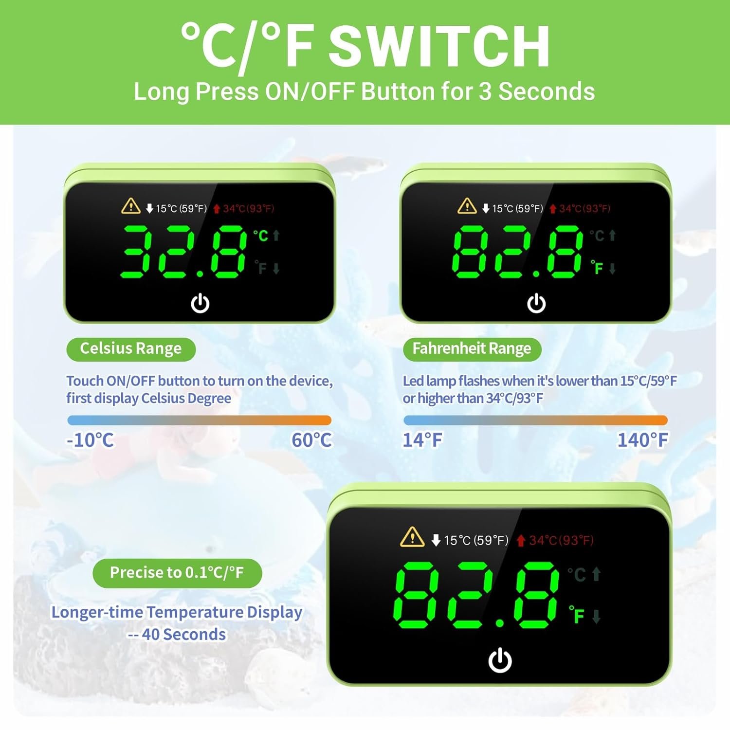 Digital Aquarium Thermometer, Stick-on Fish Tank Thermometer with LED Display