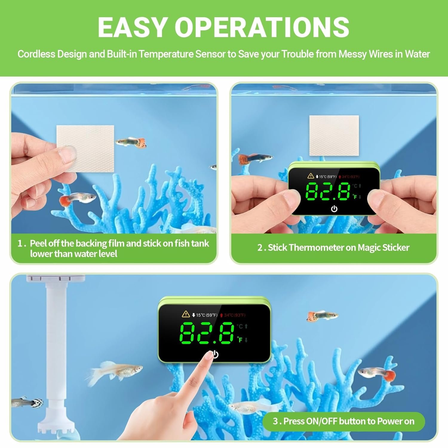 Digital Aquarium Thermometer, Stick-on Fish Tank Thermometer with LED Display