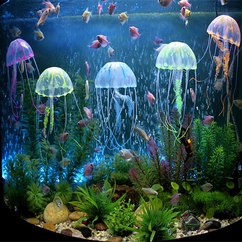 Silicone Artificial Fake Jellyfish Ornament Decoration for Aquarium Fish Tank Glowing Effect Under Actinic Lighting