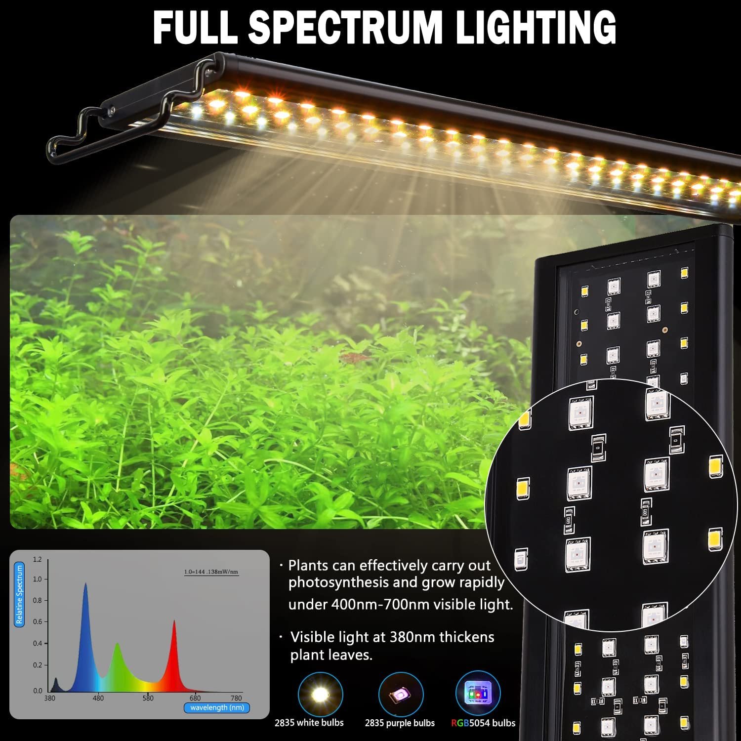 Fullgain 24/7 Lighting Aluminium Alloy Aquarium LED Light Sunrise Daylight Moonlight DIY Mode Aquarium Lamp with Adjustable Time